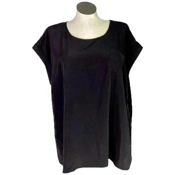CJ Banks Women 3X Scoop Neck Short Sleeve Blouse Top Black Polyester Pocket NEW - Picture 1 of 7